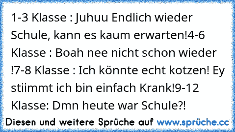 1-3 Klasse : Juhuu Endlich wieder Schule, kann es kaum erwarten!
4-6 Klasse : Boah nee nicht schon wieder !
7-8 Klasse : Ich könnte echt kotzen! Ey stiimmt ich bin einfach Krank!
9-12 Klasse: Dmn heute war Schule?!