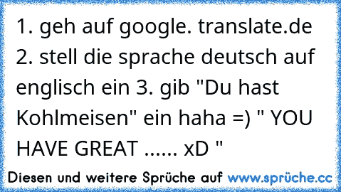 1. geh auf google. translate.de 2. stell die sprache deutsch auf englisch ein 3. gib "Du hast Kohlmeisen" ein haha =) " YOU HAVE GREAT ...... xD "