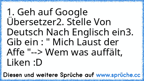1. Geh auf Google Übersetzer
2. Stelle Von Deutsch Nach Englisch ein
3. Gib ein : " Mich Laust der Affe "
--> Wem was auffält, Liken :D