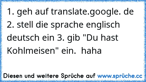 1. geh auf translate.google. de 2. stell die sprache englisch deutsch ein 3. gib "Du hast Kohlmeisen" ein.  haha