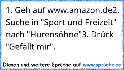 1. Geh auf www.amazon.de
2. Suche in "Sport und Freizeit" nach "Hurensöhne"
3. Drück "Gefällt mir".