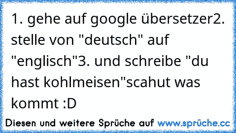 1. gehe auf google übersetzer
2. stelle von "deutsch" auf "englisch"
3. und schreibe "du hast kohlmeisen"
scahut was kommt :D