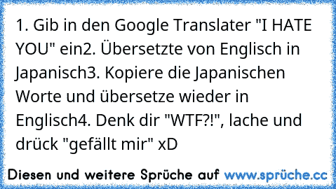 1. Gib in den Google Translater "I HATE YOU" ein
2. Übersetzte von Englisch in Japanisch
3. Kopiere die Japanischen Worte und übersetze wieder in Englisch
4. Denk dir "WTF?!", lache und drück "gefällt mir" xD