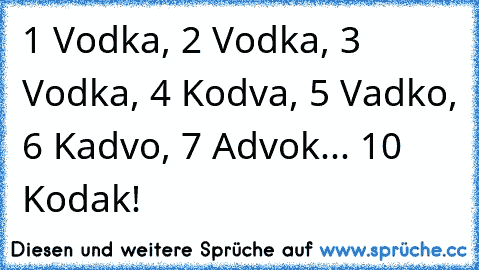1 Vodka, 2 Vodka, 3 Vodka, 4 Kodva, 5 Vadko, 6 Kadvo, 7 Advok... 10 Kodak!