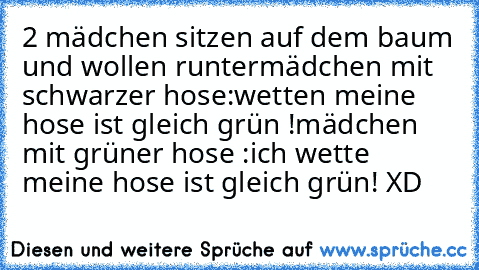 2 mädchen sitzen auf dem baum und wollen runter
mädchen mit schwarzer hose:wetten meine hose ist gleich grün !
mädchen mit grüner hose :ich wette meine hose ist gleich grün! XD