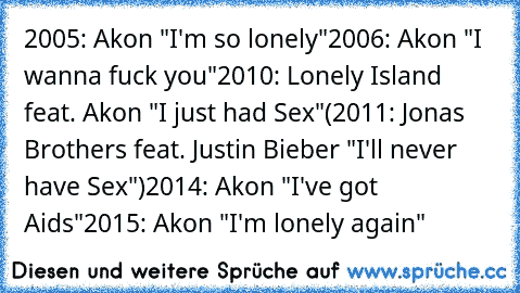 2005: Akon "I'm so lonely"
2006: Akon "I wanna fuck you"
2010: Lonely Island feat. Akon "I just had Sex"
(2011: Jonas Brothers feat. Justin Bieber "I'll never have Sex")
2014: Akon "I've got Aids"
2015: Akon "I'm lonely again"