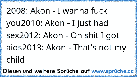 2008: Akon - I wanna fuck you
2010: Akon - I just had sex
2012: Akon - Oh shit I got aids
2013: Akon - That's not my child