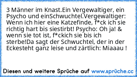 3 Männer im Knast.
Ein Vergewaltiger, ein Psycho und ein
Schwuchtel.
Vergewaltiger: Wenn ich hier eine Katze
finde, f*ck ich sie richtig hart bis sie
stirbt! Psycho: Oh ja! & wenn sie tot ist, f*ck
ich sie bis ich sterbe!
Da sagt der Schwuchtel, der in der Ecke
steht ganz leise und zärtlich: Miaaau !