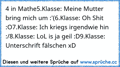 4 in Mathe
5.Klasse: Meine Mutter bring mich um :'(
6.Klasse: Oh Shit :O
7.Klasse: Ich kriegs irgendwie hin :/
8.Klasse: LoL is ja geil :D
9.Klasse: Unterschrift fälschen xD