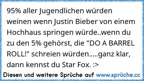 95% aller Jugendlichen würden weinen wenn Justin Bieber von einem Hochhaus springen würde..
wenn du zu den 5% gehörst, die "DO A BARREL ROLL!" schreien würden.....
ganz klar, dann kennst du Star Fox. :>