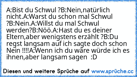 A:Bist du Schwul ?
B:Nein,natürlich nicht.
A:Warst du schon mal Schwul ?
B:Nein.
A:Willst du mal Schwul werden?
B:Nöö.
A:Hast du es deiner Eltern,aber wenigstens erzählt ?
B:Du regst langsam auf ich sagte doch schon Nein !!!!
A:Wenn ich du wäre würde ich es ihnen,aber langsam sagen  :D