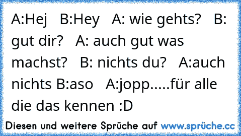 A:Hej   B:Hey   A: wie gehts?   B: gut dir?   A: auch gut was machst?   B: nichts du?   A:auch nichts B:aso   A:jopp.....
für alle die das kennen :D