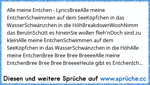 Alle meine Entchen - Lyrics
Bree
Alle meine Entchen
Schwimmen auf dem See
Köpfchen in das Wasser
Schwänzchen in die Höh
Breakdown
Wooh
Nimm das Benzin
Schütt es hinein
Sie wollen flieh'n
Doch sind zu klein
Alle meine Entchen
Schwimmen auf dem See
Köpfchen in das Wasser
Schwänzchen in die Höh
Alle meine Entchen
Bree Bree Bree Breeee
Alle meine Entchen
Bree Bree Bree Breeee
Heute gibt es Entchen
...