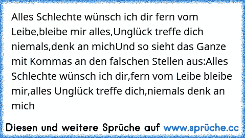 Alles Schlechte wünsch ich dir fern vom Leibe,
bleibe mir alles,
Unglück treffe dich niemals,
denk an mich
Und so sieht das Ganze mit Kommas an den falschen Stellen aus:
Alles Schlechte wünsch ich dir,
fern vom Leibe bleibe mir,
alles Unglück treffe dich,
niemals denk an mich