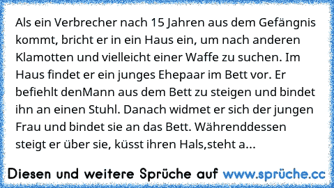 Als ein Verbrecher nach 15 Jahren aus dem Gefängnis kommt, bricht er in ein Haus ein, um nach anderen Klamotten und vielleicht einer Waffe zu suchen. Im Haus findet er ein junges Ehepaar im Bett vor. Er befiehlt den
Mann aus dem Bett zu steigen und bindet ihn an einen Stuhl. Danach widmet er sich der jungen Frau und bindet sie an das Bett. Währenddessen steigt er über sie, küsst ihren Hals,steh...