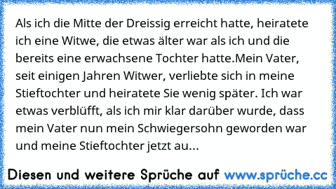 Als ich die Mitte der Dreissig erreicht hatte, heiratete ich eine Witwe, die etwas älter war als ich und die bereits eine erwachsene Tochter hatte.
Mein Vater, seit einigen Jahren Witwer, verliebte sich in meine Stieftochter und heiratete Sie wenig später. Ich war etwas verblüfft, als ich mir klar darüber wurde, dass mein Vater nun mein Schwiegersohn geworden war und meine Stieftochter jetzt au...