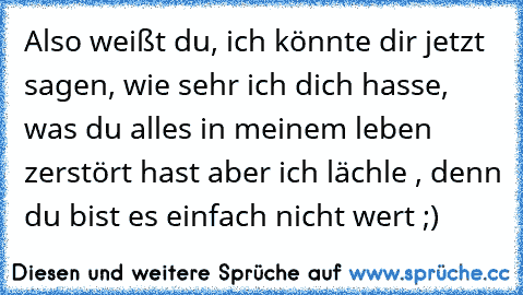 Also weißt du, ich könnte dir jetzt sagen, wie sehr ich dich hasse, was du alles in meinem leben zerstört hast aber ich lächle , denn du bist es einfach nicht wert ;)