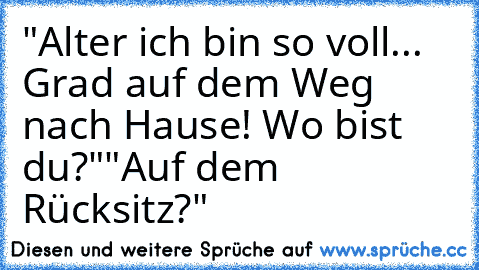 "Alter ich bin so voll... Grad auf dem Weg nach Hause! Wo bist du?"
"Auf dem Rücksitz?"