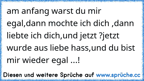 am anfang warst du mir egal,
dann mochte ich dich ,
dann liebte ich dich,
und jetzt ?
jetzt wurde aus liebe hass,
und du bist mir wieder egal ...!