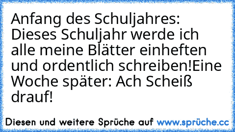 Anfang des Schuljahres: Dieses Schuljahr werde ich alle meine Blätter einheften und ordentlich schreiben!
Eine Woche später: Ach Scheiß drauf!