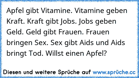 Apfel gibt Vitamine. Vitamine geben Kraft. Kraft gibt Jobs. Jobs geben Geld. Geld gibt Frauen. Frauen bringen Sex. Sex gibt Aids und Aids bringt Tod. Willst einen Apfel?