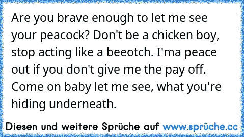 Are you brave enough to let me see your peacock? Don't be a chicken boy, stop acting like a beeotch. I'ma peace out if you don't give me the pay off. Come on baby let me see, what you're hiding underneath.