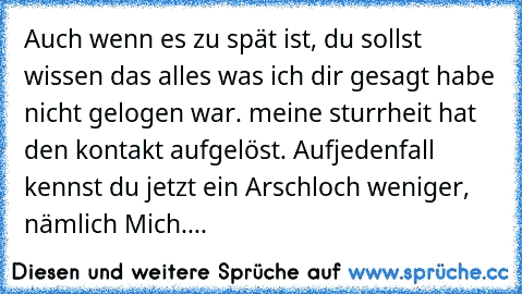 Auch wenn es zu spät ist, du sollst wissen das alles was ich dir gesagt habe nicht gelogen war. meine sturrheit hat den kontakt aufgelöst. Aufjedenfall kennst du jetzt ein Arschloch weniger, nämlich Mich....