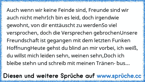 Auch wenn wir keine Feinde sind, Freunde sind wir auch nicht mehr
Ich bin es leid, doch irgendwie gewohnt, von dir enttäuscht zu werden
So viel versprochen, doch die Versprechen gebrochen
Unsere Freundschaft ist gegangen mit dem letzten Funken Hoffnung
Heute gehst du blind an mir vorbei, ich weiß, du willst mich leiden sehn, weinen sehn,
Doch ich bleibe stehn und schreib mit meinen Tränen
- bus...