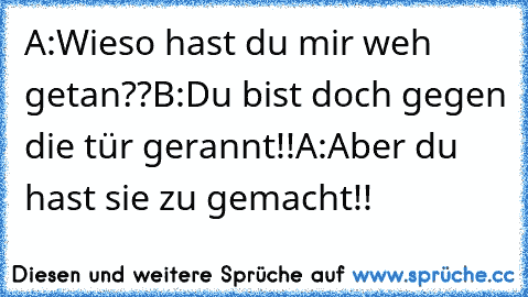 A:Wieso hast du mir weh getan??
B:Du bist doch gegen die tür gerannt!!
A:Aber du hast sie zu gemacht!!