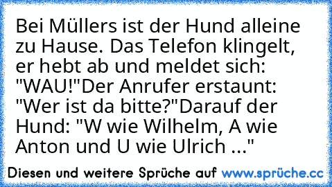 Bei Müllers ist der Hund alleine zu Hause. Das Telefon klingelt, er hebt ab und meldet sich: "WAU!"
Der Anrufer erstaunt: "Wer ist da bitte?"
Darauf der Hund: "W wie Wilhelm, A wie Anton und U wie Ulrich ..."