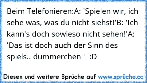 Beim Telefonieren:
A: 'Spielen wir, ich sehe was, was du nicht siehst!'
B: 'Ich kann's doch sowieso nicht sehen!'
A: 'Das ist doch auch der Sinn des spiels.. dummerchen '  :D