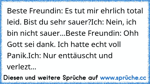 Beste Freundin: Es tut mir ehrlich total leid. Bist du sehr sauer?
Ich: Nein, ich bin nicht sauer...
Beste Freundin: Ohh Gott sei dank. Ich hatte echt voll Panik.
Ich: Nur enttäuscht und verlezt...