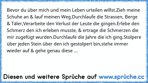 Bevor du über mich und mein Leben urteilen willst.
Zieh meine Schuhe an & lauf meinen Weg.
Durchlaufe die Strassen, Berge & Täler,
Verarbeite den Verlust der Leute die gingen.
Erlebe den Schmerz den ich erleben musste, & ertrage die Schmerzen die mir zugefügt wurden.
Durchlaufe die Jahre die ich ging.
Stolpere über jeden Stein über den ich gestolpert bin,
stehe immer wieder auf & gehe genau diese ...