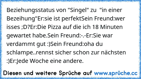 Beziehungsstatus von "Singel" zu  "in einer Bezeihung"
Er:sie ist perfekt♥
Sein Freund:wer isses ;D?
Er:Die Pizza auf die ich 18 Minuten gewartet habe.
Sein Freund:-.-
Er:Sie war verdammt gut :)
Sein Freund:oha du schlampe..rennst sicher schon zur nächsten :)
Er:Jede Woche eine andere.