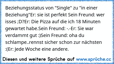 Beziehungsstatus von "Single" zu "in einer Beziehung"
Er: sie ist perfekt ♥
Sein Freund: wer isses ;D?
Er: Die Pizza auf die ich 18 Minuten gewartet habe.
Sein Freund: -.-
Er: Sie war verdammt gut :)
Sein Freund: oha du schlampe..rennst sicher schon zur nächsten :(
Er: Jede Woche eine andere.