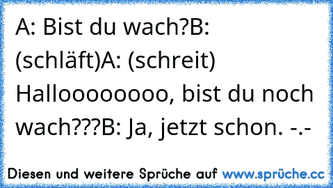 A: Bist du wach?
B: (schläft)
A: (schreit) Halloooooooo, bist du noch wach???
B: Ja, jetzt schon. -.-