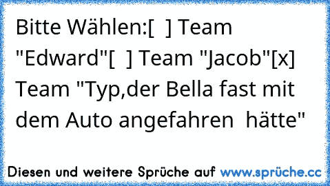 Bitte Wählen:
[  ] Team "Edward"
[  ] Team "Jacob"
[x] Team "Typ,der Bella fast mit dem Auto angefahren  hätte"