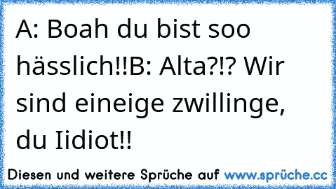 A: Boah du bist soo hässlich!!
B: Alta?!? Wir sind eineige zwillinge, du Iidiot!!