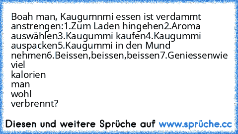 Boah man, Kaugumnmi essen ist verdammt anstrengen:
1.Zum Laden hingehen
2.Aroma auswählen
3.Kaugummi kaufen
4.Kaugummi auspacken
5.Kaugummi in den Mund nehmen
6.Beissen,beissen,beissen
7.Geniessen
wie viel kalorien man wohl verbrennt?