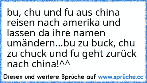 bu, chu und fu aus china reisen nach amerika und lassen da ihre namen umändern...bu zu buck, chu zu chuck und fu geht zurück nach china!^^