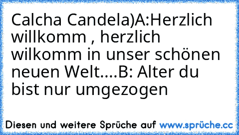 Calcha Candela)
A:Herzlich willkomm , herzlich wilkomm in unser schönen neuen Welt....B: Alter du bist nur umgezogen