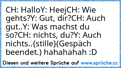 CH: Hallo
Y: Heej
CH: Wie gehts?
Y: Gut, dir?
CH: Auch gut..
Y: Was machst du so?
CH: nichts, du?
Y: Auch nichts..
{stille}
(Gespäch beendet.) hahahahah :D