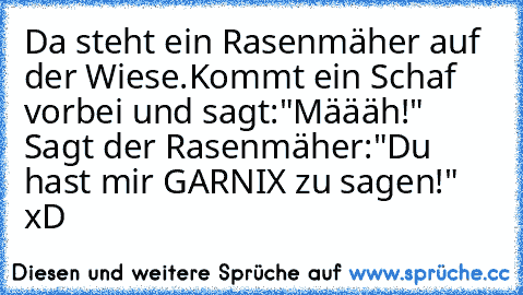 Da steht ein Rasenmäher auf der Wiese.Kommt ein Schaf vorbei und sagt:"Määäh!" Sagt der Rasenmäher:"Du hast mir GARNIX zu sagen!" xD