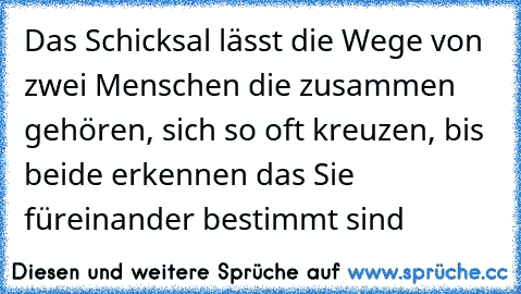 Das Schicksal lässt die Wege von zwei Menschen die zusammen gehören, sich so oft kreuzen, bis beide erkennen das Sie füreinander bestimmt sind ♥