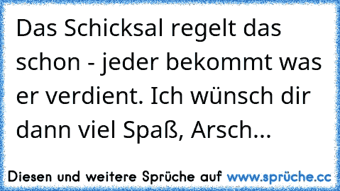 Das Schicksal regelt das schon - jeder bekommt was er verdient. Ich wünsch dir dann viel Spaß, Arsch...