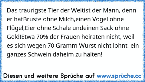 Das traurigste Tier der Welt
ist der Mann, denn er hat
Brüste ohne Milch,
einen Vogel ohne Flügel,
Eier ohne Schale und
einen Sack ohne Geld!
Etwa 70% der Frauen heiraten nicht, weil es sich wegen 70 Gramm Wurst nicht lohnt, ein ganzes Schwein daheim zu halten!