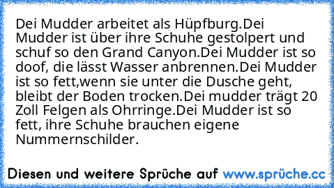 Dei Mudder arbeitet als Hüpfburg.
Dei Mudder ist über ihre Schuhe gestolpert und schuf so den Grand Canyon.
Dei Mudder ist so doof, die lässt Wasser anbrennen.
Dei Mudder ist so fett,wenn sie unter die Dusche geht, bleibt der Boden trocken.
Dei mudder trägt 20 Zoll Felgen als Ohrringe.
Dei Mudder ist so fett, ihre Schuhe brauchen eigene Nummernschilder.