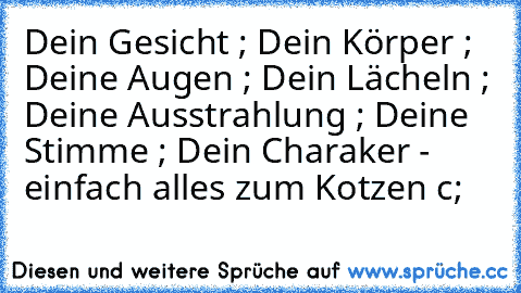 Dein Gesicht ; Dein Körper ; Deine Augen ; Dein Lächeln ; Deine Ausstrahlung ; Deine Stimme ; Dein Charaker - einfach alles zum Kotzen c;