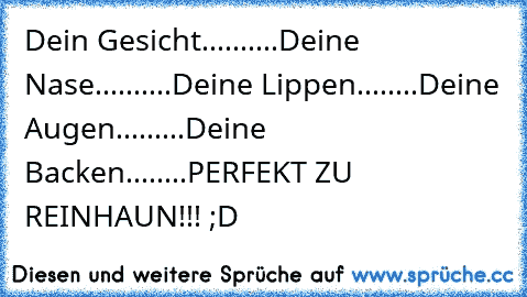 Dein Gesicht..........
Deine Nase..........
Deine Lippen........
Deine Augen.........
Deine Backen........
PERFEKT ZU REINHAUN!!! ;D