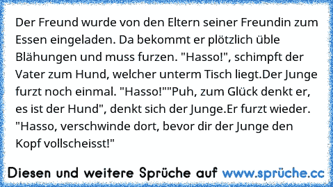 Der Freund wurde von den Eltern seiner Freundin zum Essen eingeladen. Da bekommt er plötzlich üble Blähungen und muss furzen. "Hasso!", schimpft der Vater zum Hund, welcher unterm Tisch liegt.
Der Junge furzt noch einmal. "Hasso!"
"Puh, zum Glück denkt er, es ist der Hund", denkt sich der Junge.
Er furzt wieder. "Hasso, verschwinde dort, bevor dir der Junge den Kopf vollscheisst!"